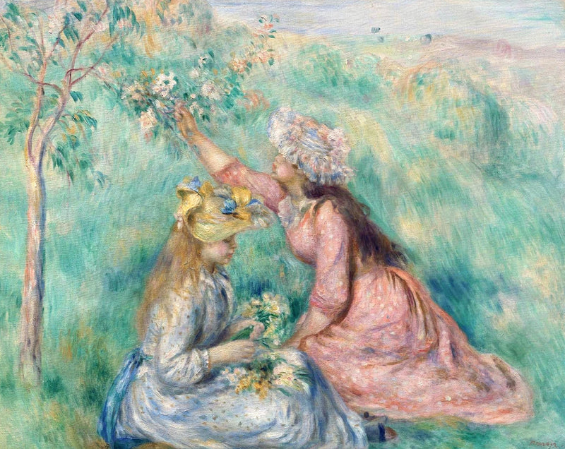 Girls Picking Flowers by Renoir: two girls in pink and blue dresses picking flowers in a soft green meadow by a sapling
