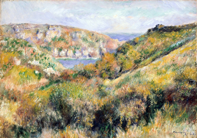 Hills around the Bay of Moulin Huet by Renoir: green and golden hills dropping to a small blue bay and cliffs