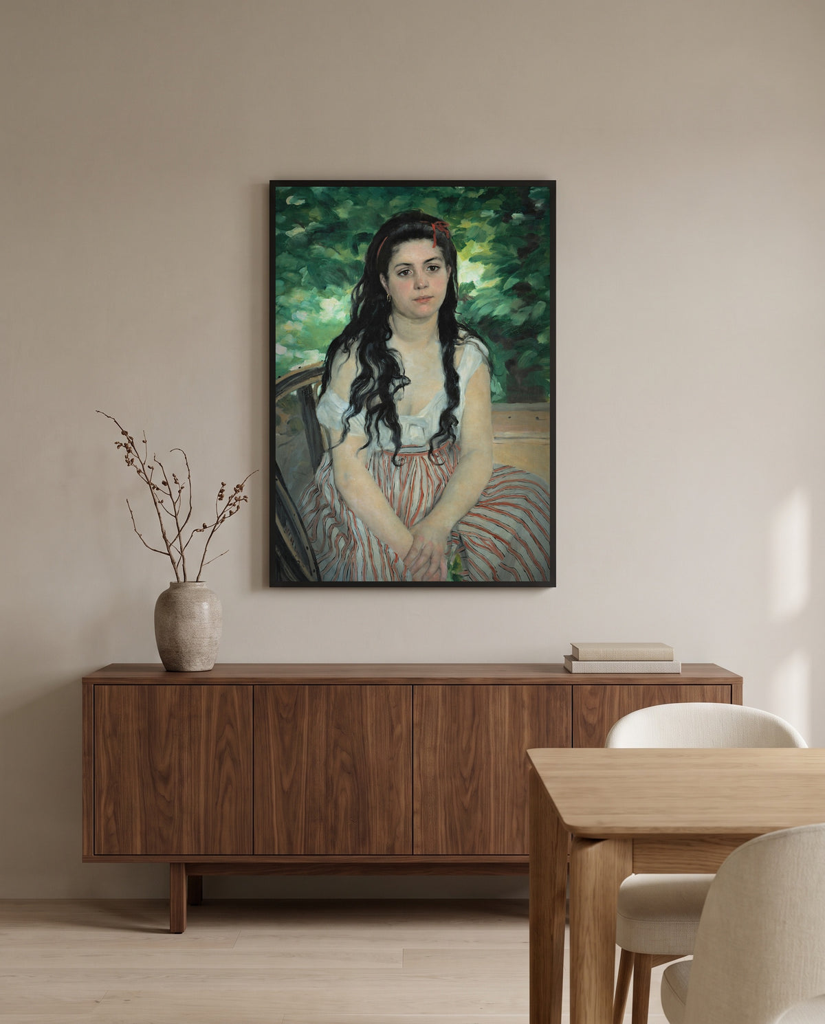 In Summer by Pierre-Auguste Renoir in a black frame above a walnut sideboard in a dining room