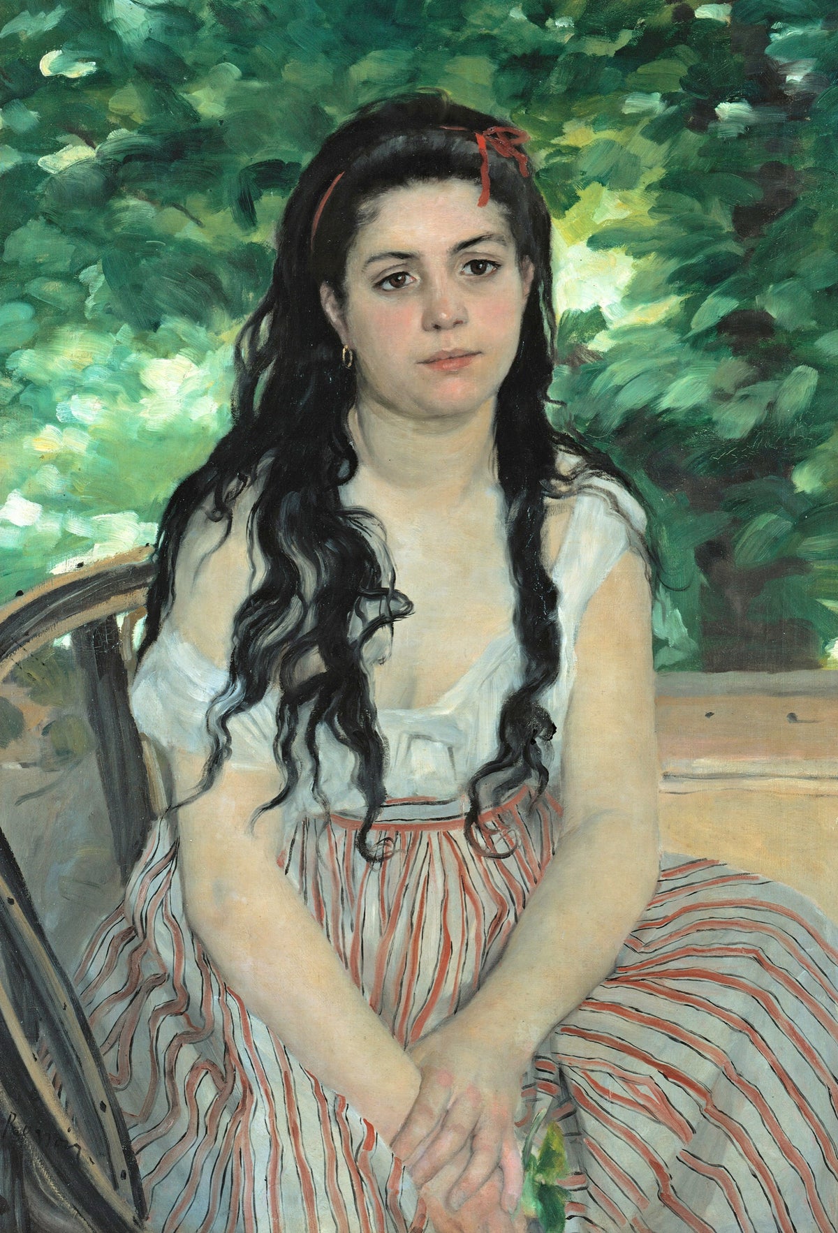 In Summer by Renoir: a young woman with long dark hair and a red hairband, white bodice, striped skirt, green leaves behind