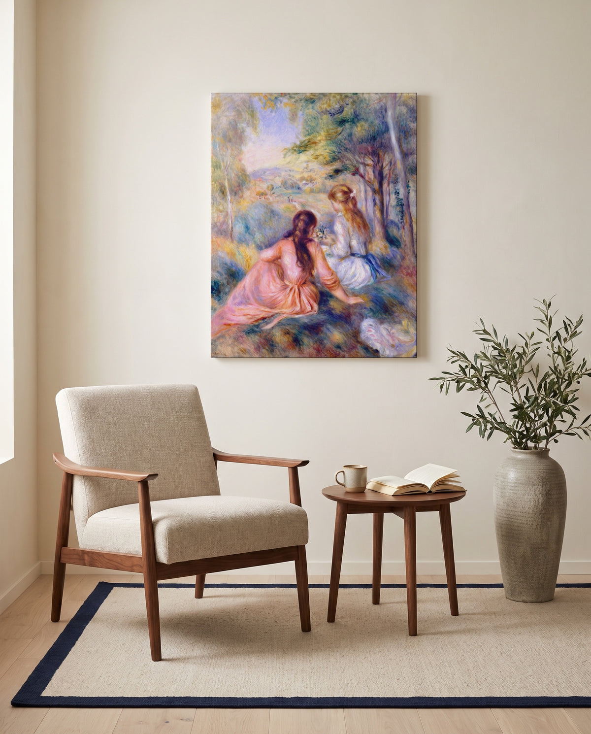 In the Meadow by Pierre-Auguste Renoir as a stretched canvas above a linen lounge chair in a reading corner