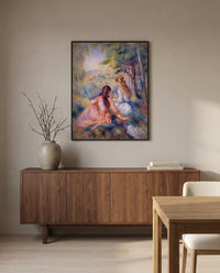 In the Meadow by Pierre-Auguste Renoir in a black frame above a walnut sideboard in a dining room