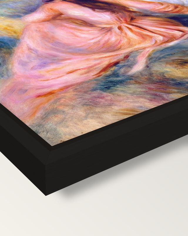 In the Meadow by Renoir framed canvas, corner close-up: a black floating frame with a shadow gap round the canvas