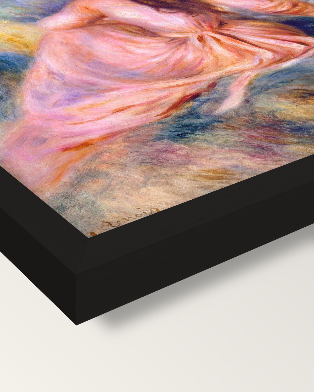 In the Meadow by Renoir framed print, corner close-up: black moulding, mitred, the print set just below its edge
