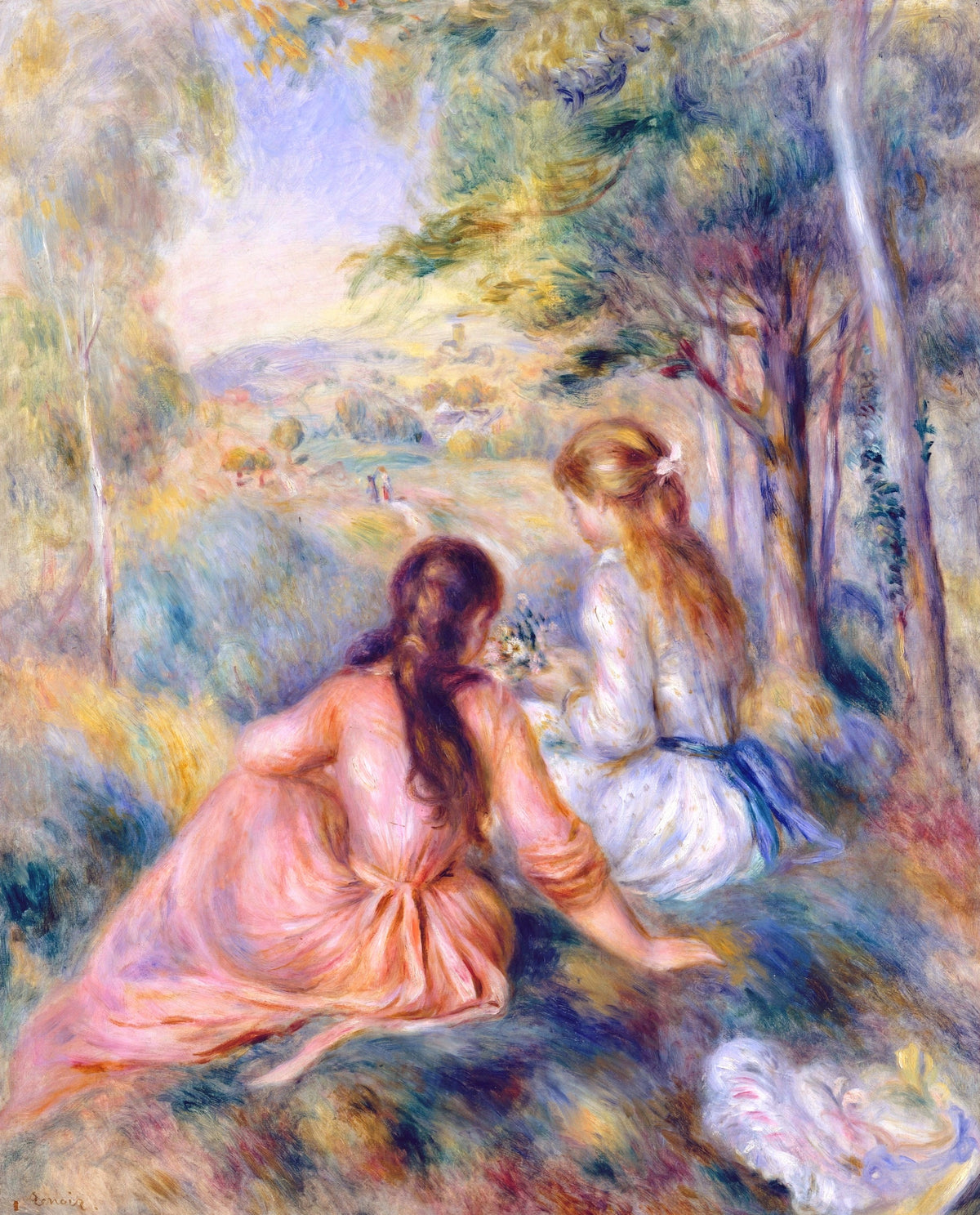In the Meadow by Renoir: two girls in pink and white sitting in a sunny meadow picking flowers, trees beyond