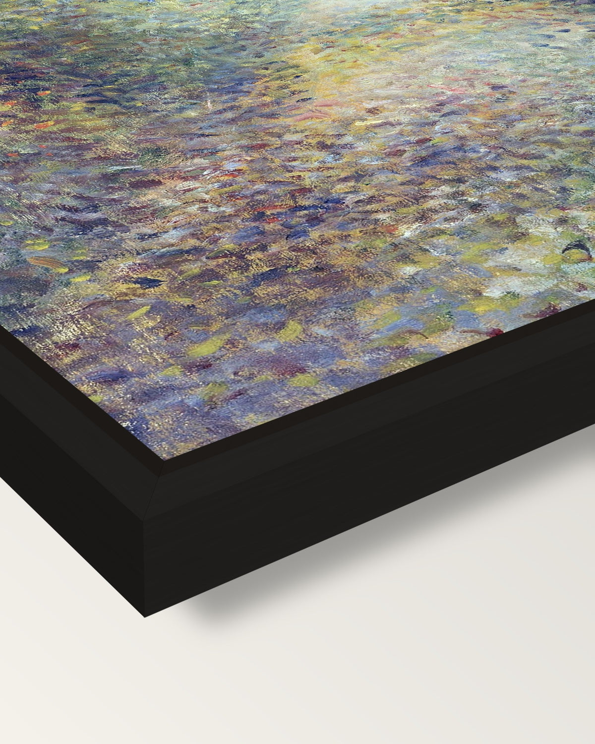 In the Woods by Renoir framed canvas, corner close-up: a black floating frame with a shadow gap round the canvas