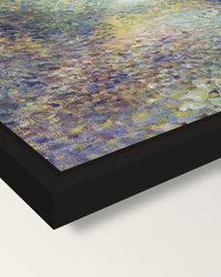 In the Woods by Renoir framed canvas, corner close-up: a black floating frame with a shadow gap round the canvas