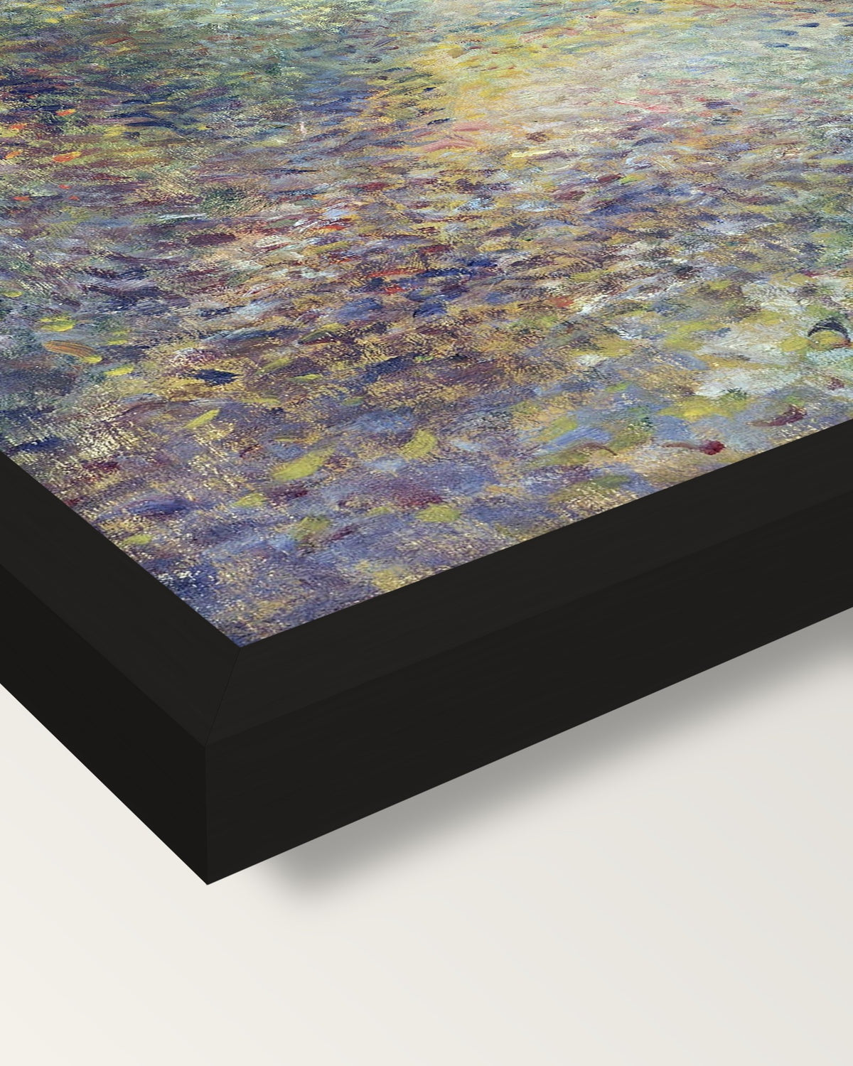 In the Woods by Renoir framed print, corner close-up: black moulding, mitred, the print set just below its edge