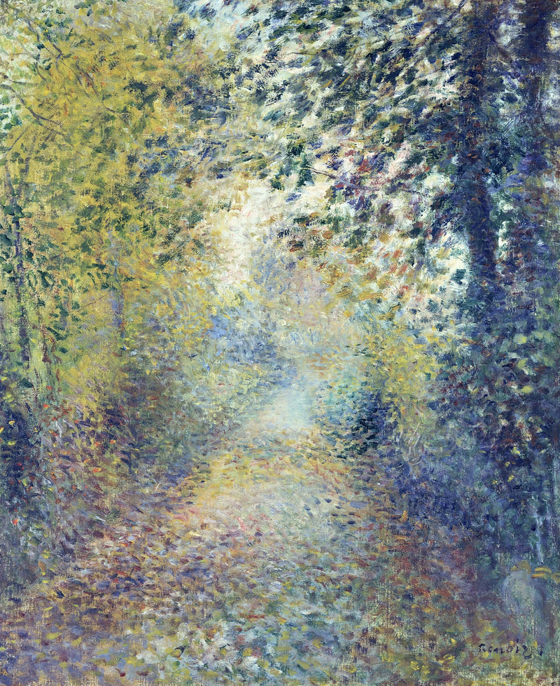In the Woods by Renoir: a sunlit path through tall trees and yellow-green leaves, painted in small strokes