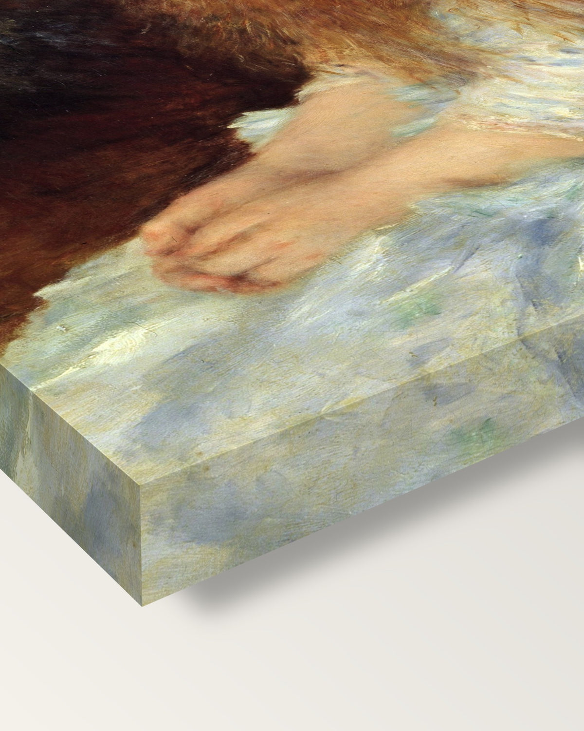 Little Irène by Pierre-Auguste Renoir on stretched canvas, corner close-up: the painting mirror-wrapped round the sides