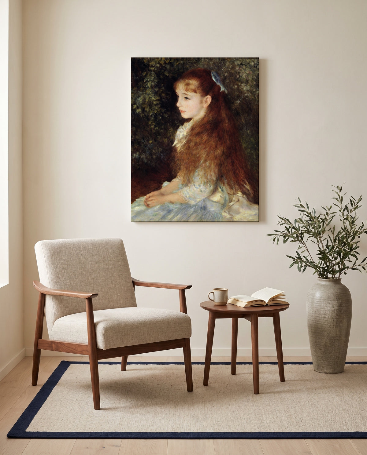 Little Irène by Pierre-Auguste Renoir as a stretched canvas above a linen lounge chair in a reading corner
