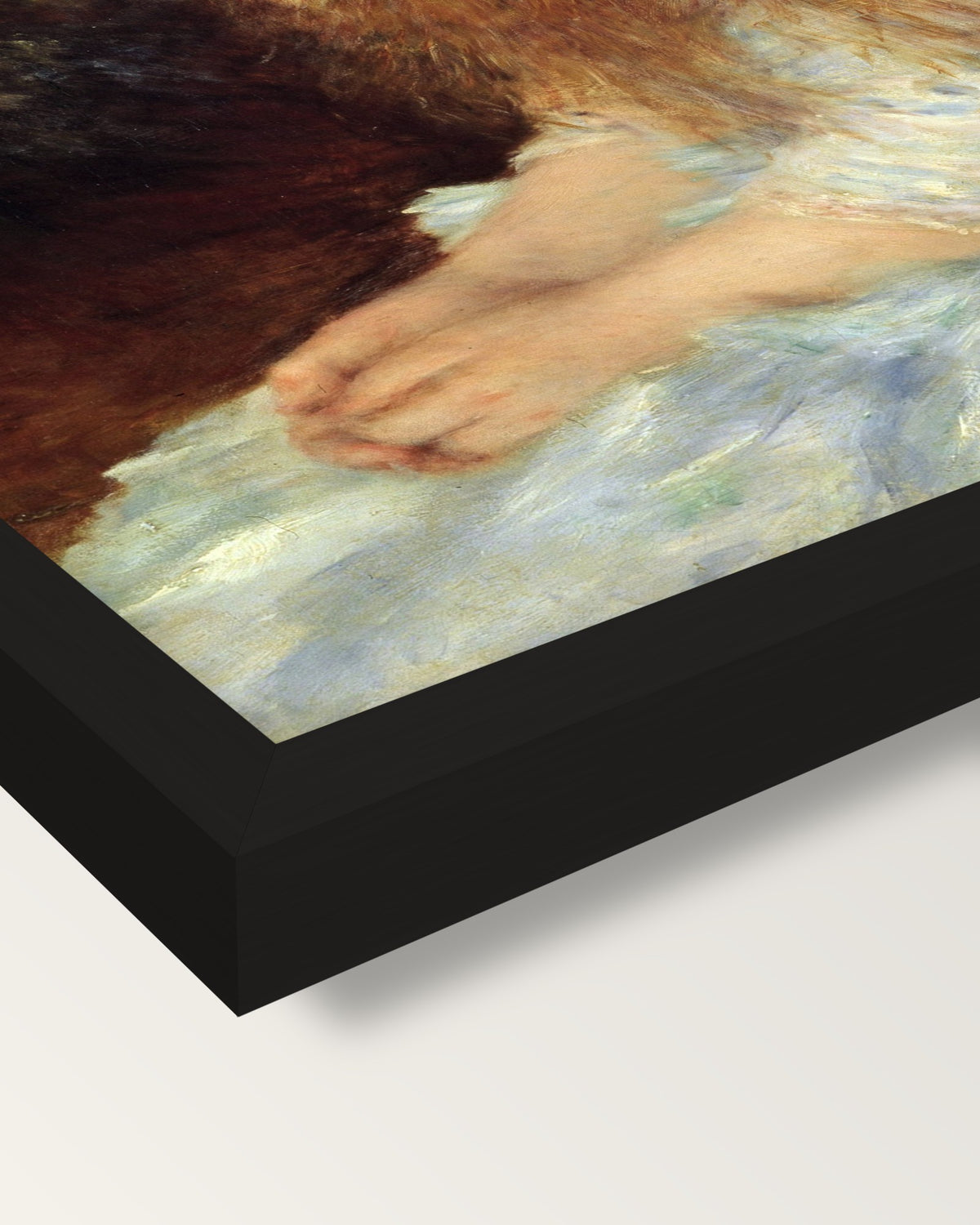 Little Irène by Renoir framed print, corner close-up: black moulding, mitred, the print set just below its edge