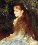 Little Irène by Renoir: a girl in profile with long red-gold hair and a blue ribbon, against soft green foliage
