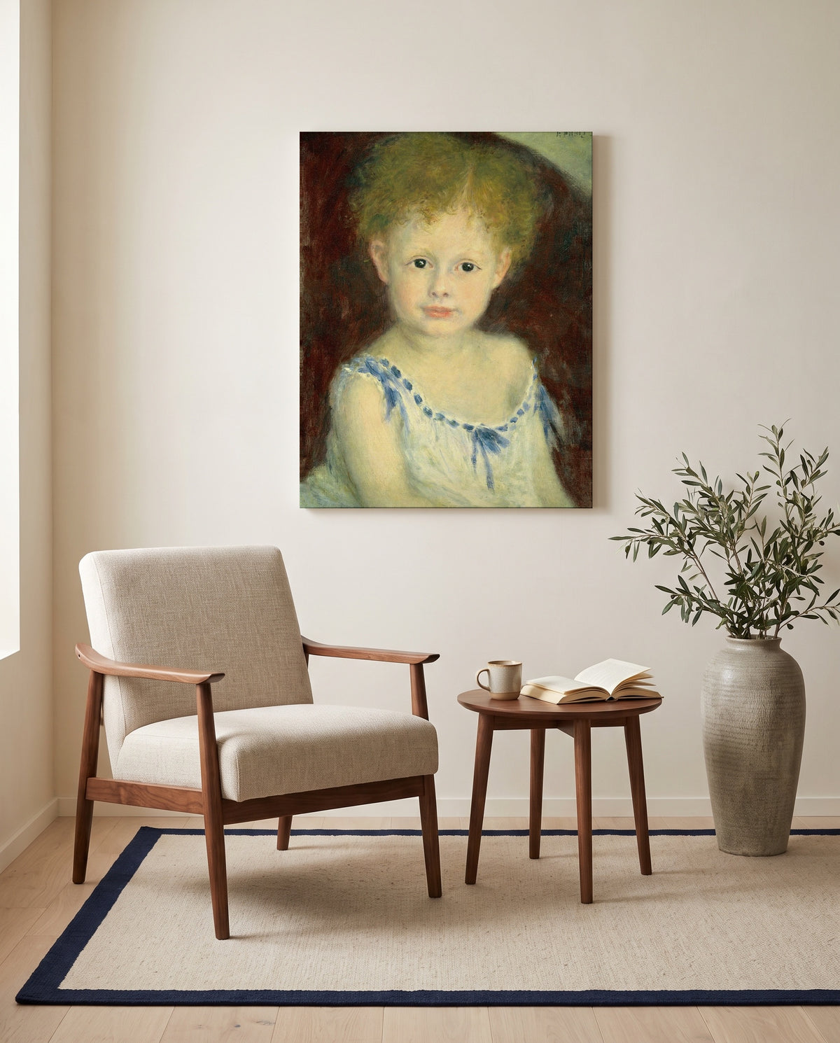 Jacques Bergeret as a Child by Pierre-Auguste Renoir as a stretched canvas above a linen lounge chair in a reading corner