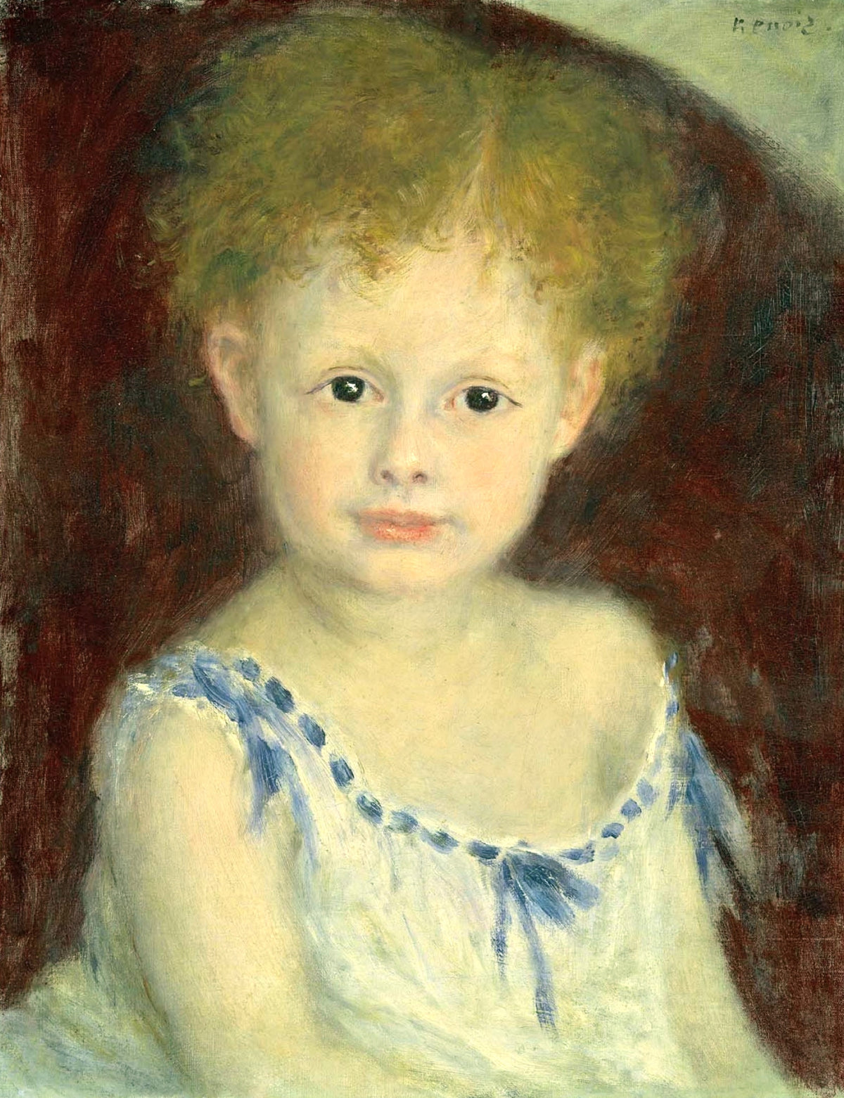 Jacques Bergeret as a Child by Renoir: a small child with curly fair hair in a white smock with blue ribbons, red ground