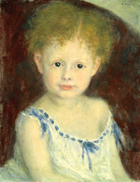 Jacques Bergeret as a Child by Renoir: a small child with curly fair hair in a white smock with blue ribbons, red ground