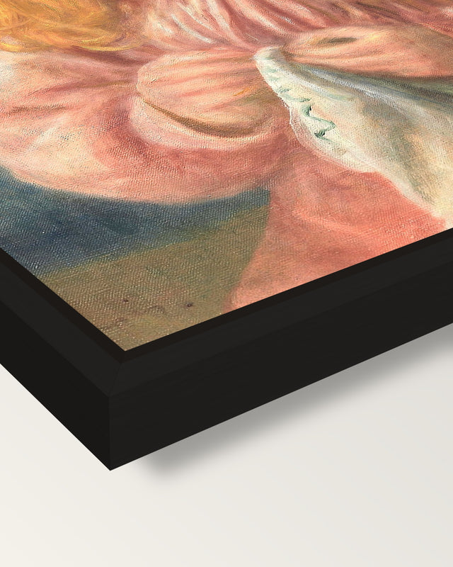 Jean Renoir Sewing by Renoir framed canvas, corner close-up: a black floating frame with a shadow gap round the canvas