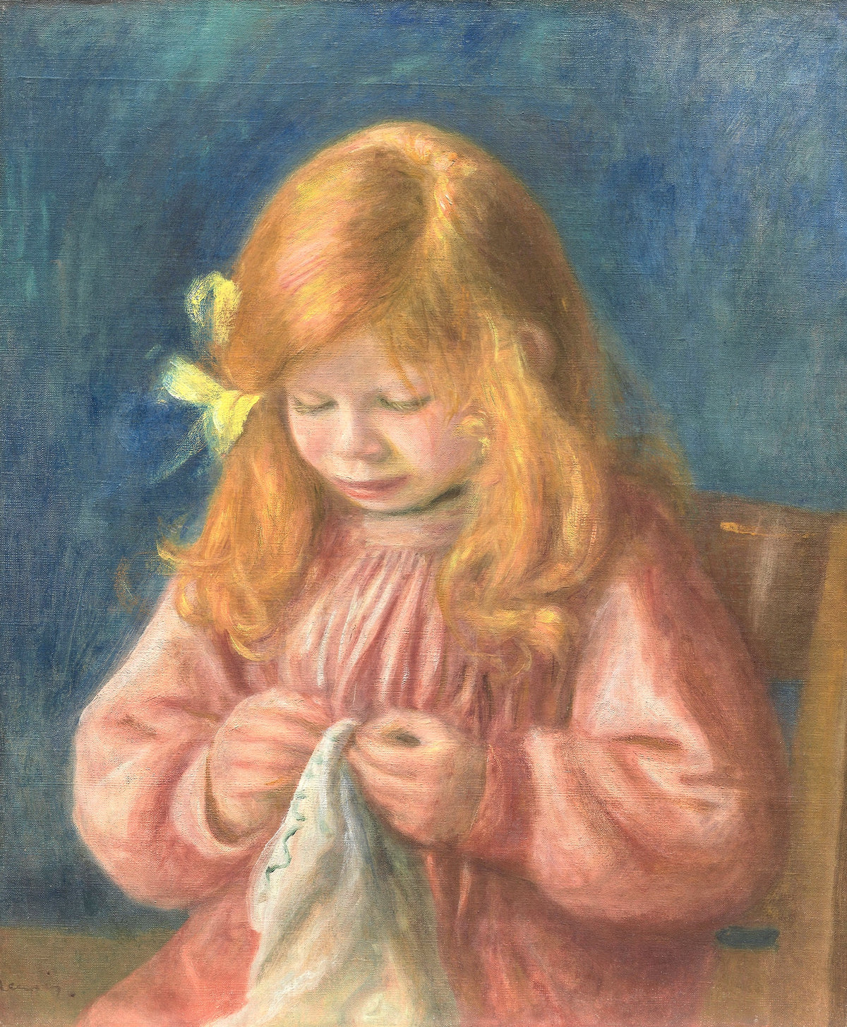 Jean Renoir Sewing by Renoir: a child with long golden hair and a yellow bow, in a pink smock, sewing white cloth