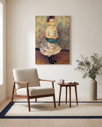 Jeanne Durand-Ruel by Pierre-Auguste Renoir as a stretched canvas above a linen lounge chair in a reading corner