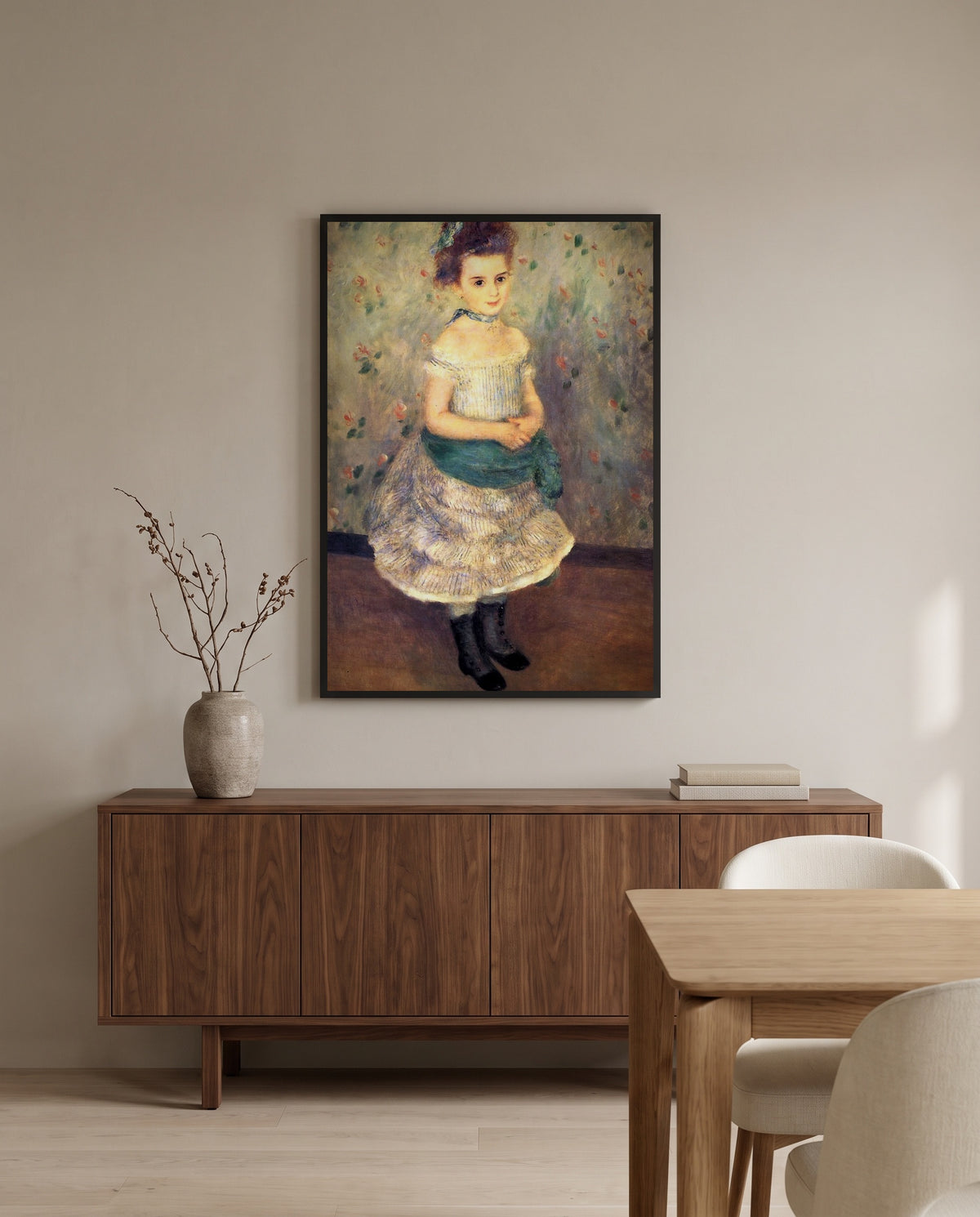 Jeanne Durand-Ruel by Pierre-Auguste Renoir in a black frame above a walnut sideboard in a dining room