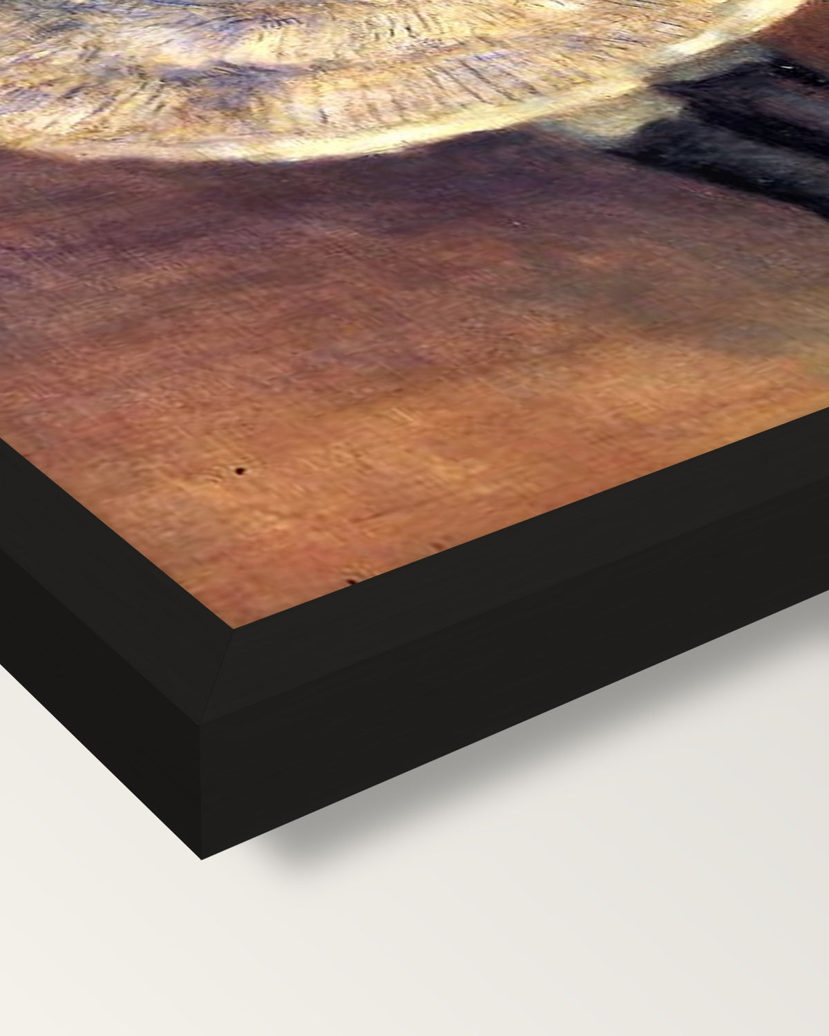 Jeanne Durand-Ruel by Renoir framed print, corner close-up: black moulding, mitred, the print set just below its edge