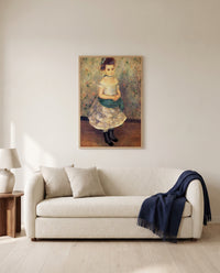 Jeanne Durand-Ruel by Pierre-Auguste Renoir framed in natural oak above a cream sofa in a warm living room