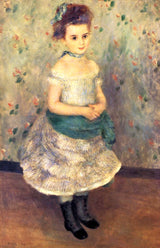 Portrait of Jeanne Durand-Ruel by Renoir: a little girl in a white dress with a green sash stands by a grey-green wall