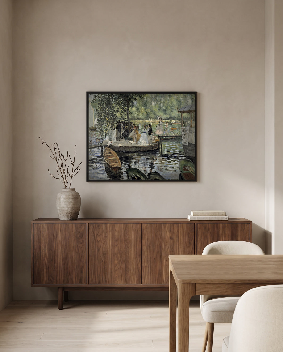 La Grenouillère by Pierre-Auguste Renoir in a black frame above a walnut sideboard in a dining room