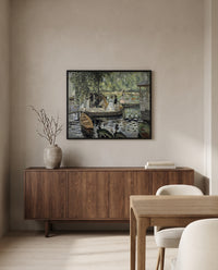 La Grenouillère by Pierre-Auguste Renoir in a black frame above a walnut sideboard in a dining room