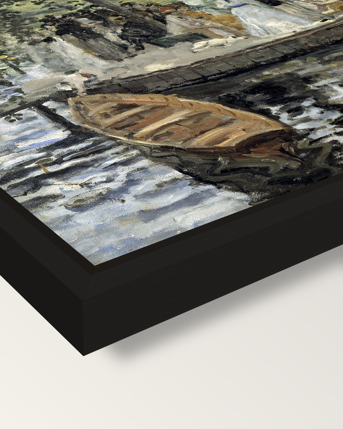 La Grenouillère by Renoir framed canvas, corner close-up: a black floating frame with a shadow gap round the canvas