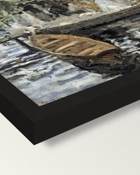 La Grenouillère by Renoir framed print, corner close-up: black moulding, mitred, the print set just below its edge