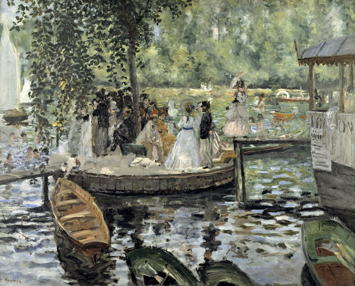 La Grenouillère by Renoir: a crowd on a round islet with a tree, a moored boat and shimmering green water