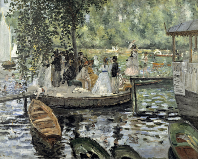 La Grenouillère by Renoir: a crowd on a round islet with a tree, a moored boat and shimmering green water