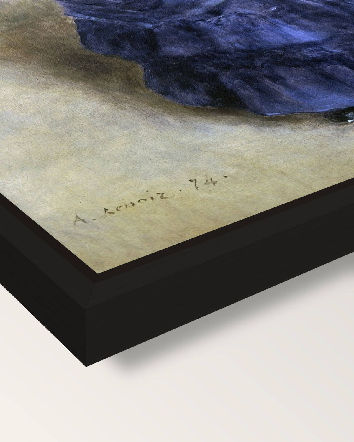 La Parisienne by Renoir framed canvas, corner close-up: a black floating frame with a shadow gap round the canvas