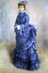 La Parisienne by Renoir: a young woman in a long bright blue dress with a small hat, standing against a soft pale background