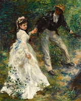 La Promenade by Renoir: a young man in a boater leads a woman in a white dress by the hand along a leafy woodland path