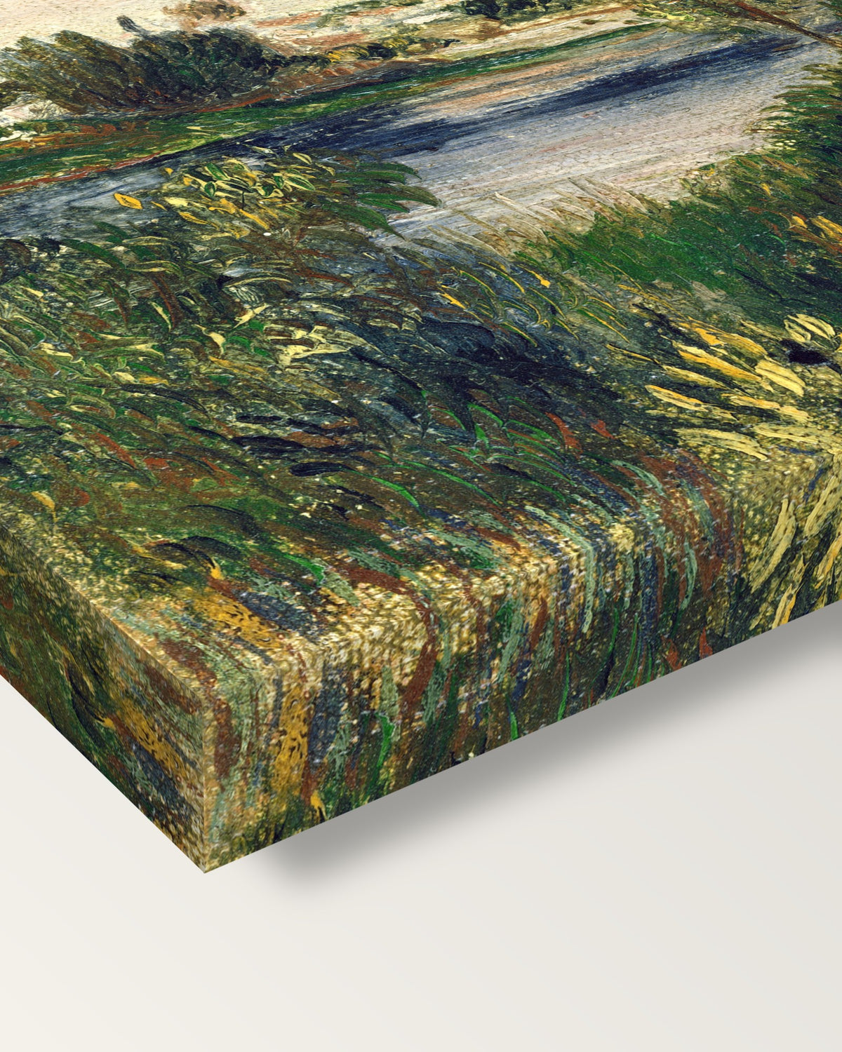 Landscape at Vétheuil by Renoir on stretched canvas, corner close-up: the painting mirror-wrapped round the sides