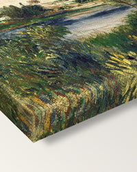 Landscape at Vétheuil by Renoir on stretched canvas, corner close-up: the painting mirror-wrapped round the sides