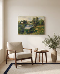 Landscape at Vétheuil by Pierre-Auguste Renoir as a stretched canvas above a linen lounge chair in a reading corner