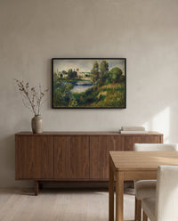 Landscape at Vétheuil by Pierre-Auguste Renoir in a black frame above a walnut sideboard in a dining room