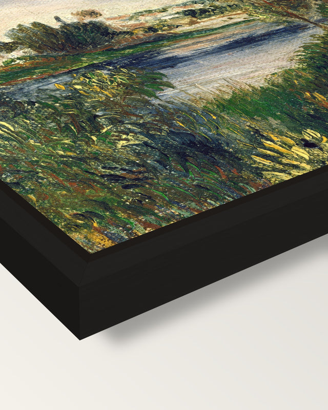 Landscape at Vétheuil by Renoir framed canvas, corner close-up: a black floating frame with a shadow gap round the canvas