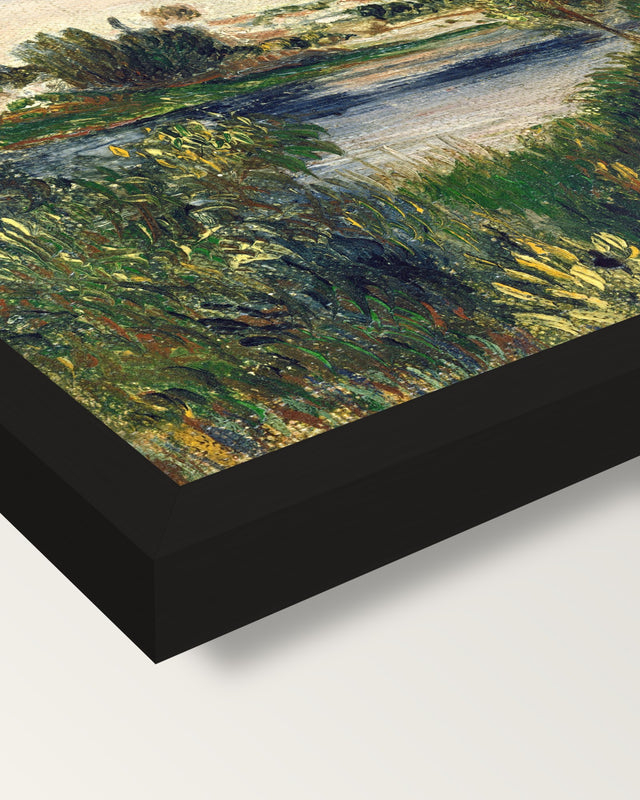 Landscape at Vétheuil by Renoir framed print, corner close-up: black moulding, mitred, the print set just below its edge