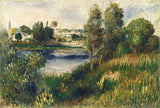 Landscape at Vétheuil by Pierre-Auguste Renoir: a blue river between green trees and tall grass, a village on the far bank