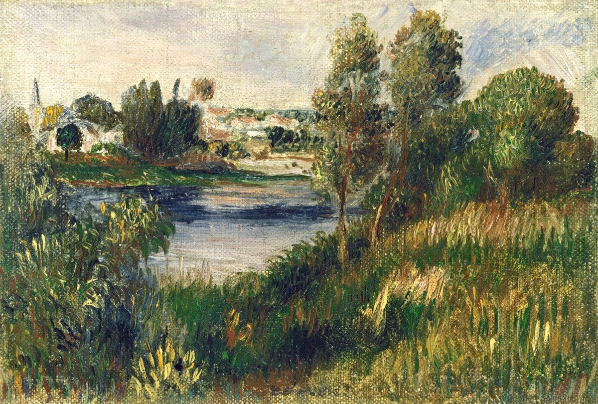 Landscape at Vétheuil by Pierre-Auguste Renoir: a blue river between green trees and tall grass, a village on the far bank