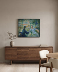Lunch at the Restaurant Fournaise by Pierre-Auguste Renoir in a black frame above a walnut sideboard in a dining room