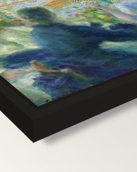 Lunch at the Restaurant Fournaise framed canvas, corner close-up: a black floating frame with a shadow gap round the canvas