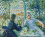 Lunch at the Restaurant Fournaise by Renoir: three friends at a table under a green trellis, rowers on the bright river