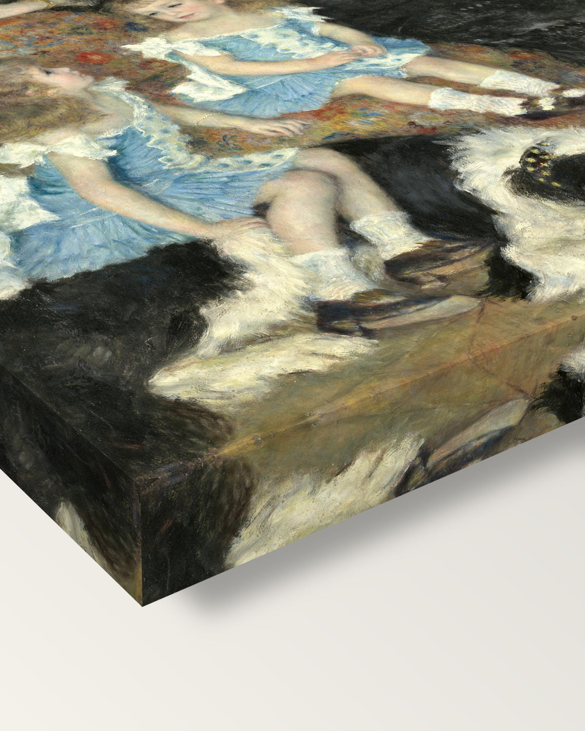 Madame Charpentier (1878) by Renoir on stretched canvas, corner close-up: the painting mirror-wrapped round the sides