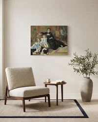 Madame Charpentier (1878) by Pierre-Auguste Renoir as a stretched canvas above a linen lounge chair in a reading corner