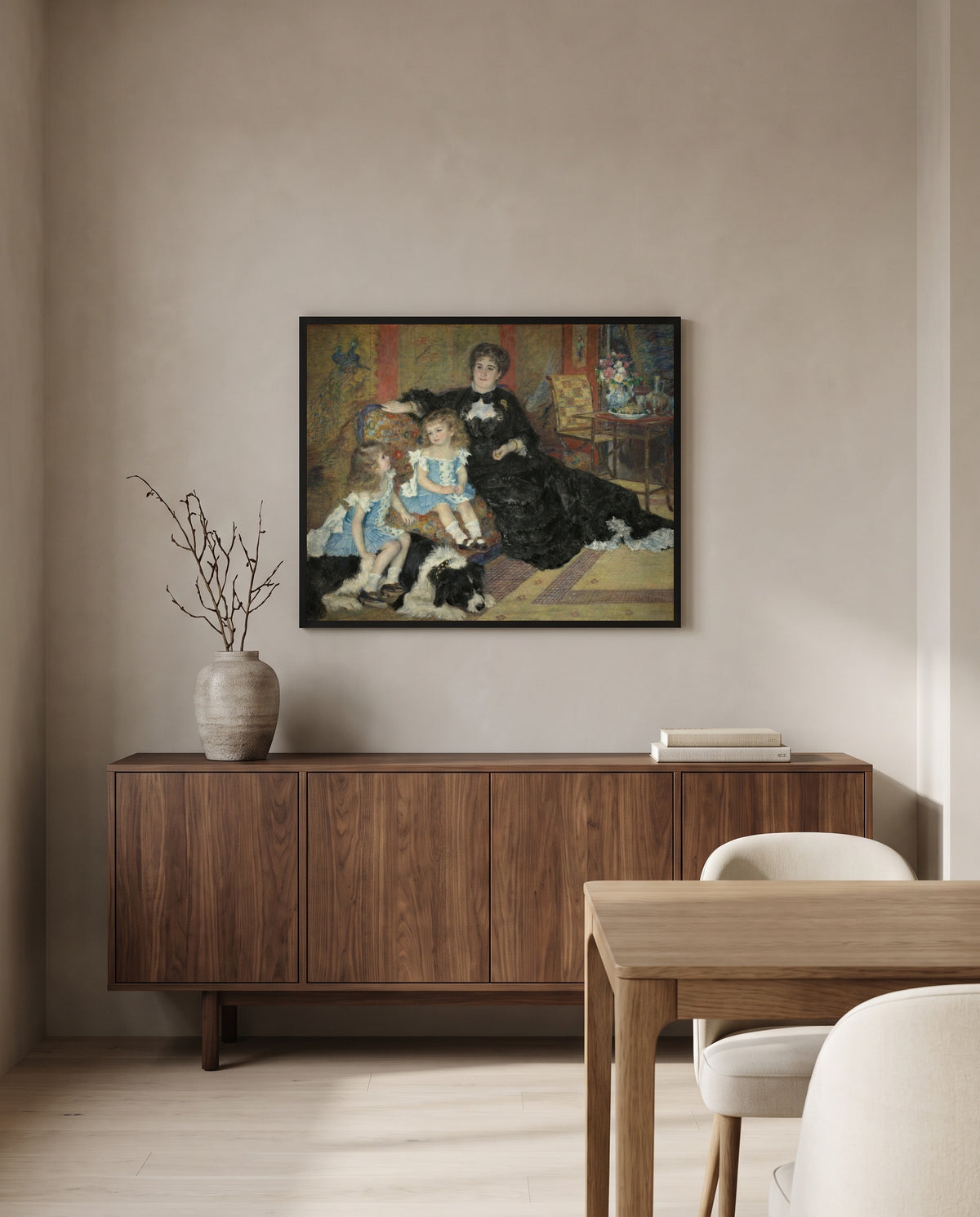Madame Charpentier (1878) by Pierre-Auguste Renoir in a black frame above a walnut sideboard in a dining room